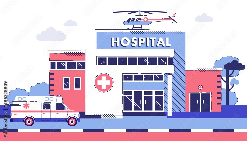 Medical concept with hospital building in flat line art style.