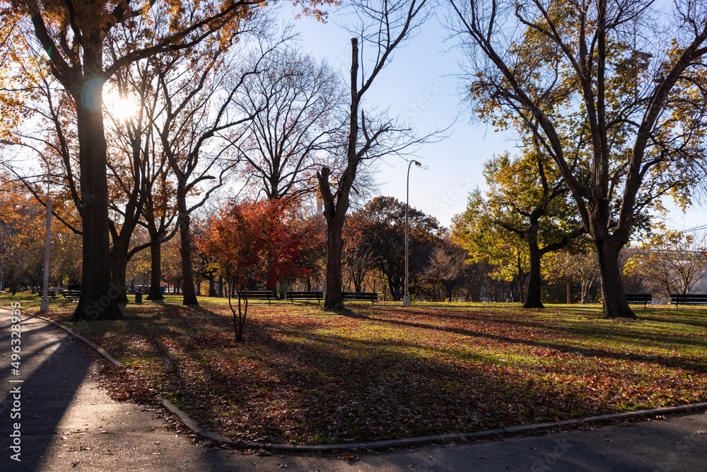 Astoria Park Autumn Landscape with Colorful Trees in Astoria Queens New York