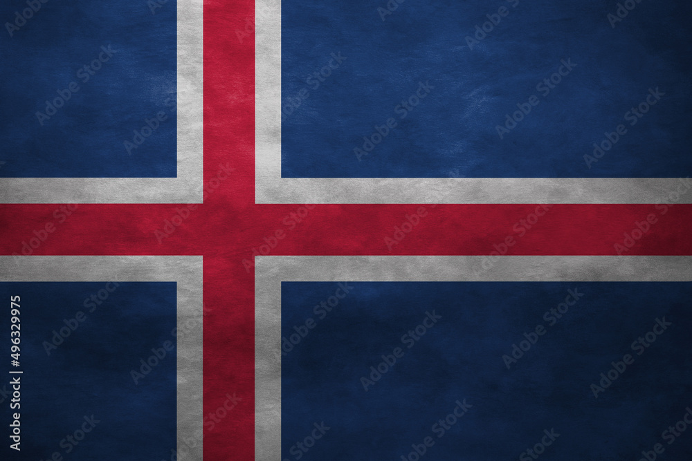 Fototapeta premium Patriotic stone wall background in colors of national flag. Iceland