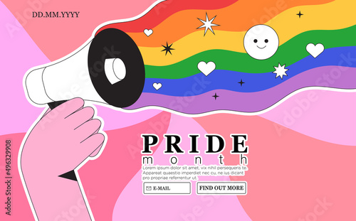 Loudspeaker with lgbt rainbow. People hold megaphone announcing pride month holiday or week celebration against violence, descrimination, human rights violation. Equality and self-affirmarmation.