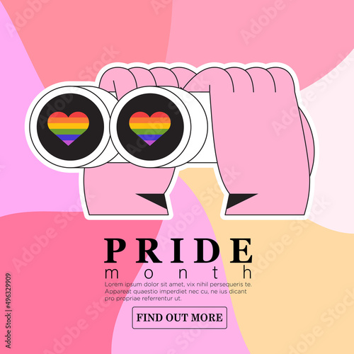 Hands hold binoculars and look through them. Eyes with rainbow lgbt colors hearts full of love. Vector illustration for pride month or week celebration greeting card, banner or party invitation.