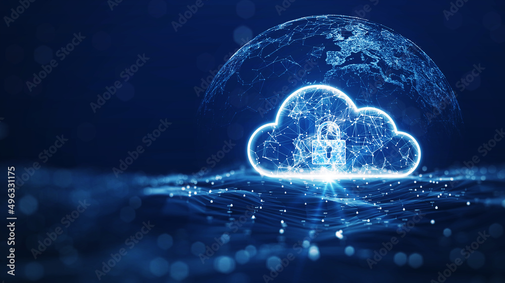 cloud computing technology database storage security concept Backup transfer. There is a large cloud icon on the right in an abstract world above a polygon with a dark blue background. - obrazy, fototapety, plakaty 