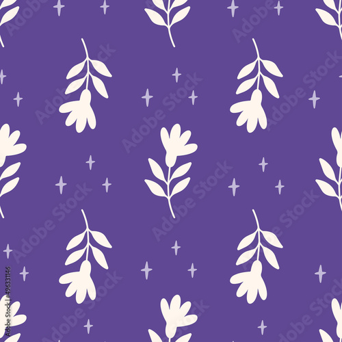 Flat vector seamless pattern. Flower and stars on very peri background. Modern drawing. Creative botanical print, floral wallpaper, textile design.
