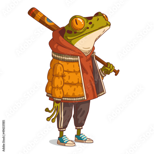 A dreamy frog with a bat, vector illustration. Cute anthropomorphic casually dressed toad, holding a baseball bat over his shoulder, looking up at something. An animal character with a human body photo