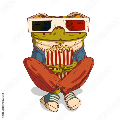 A movie buff, vector illustration. Calm casually dressed anthropomorphic frog wearing 3D glasses, sitting with his legs crossed and holding a popcorn package. An animal character with a human body.