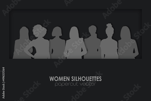 Team of businesswomen papercut vectors, woman silhouettes in a frame