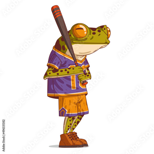 A baseball player, vector illustration. Calm anthropomorphic frog, wearing a basketball uniform and holding a baseball bat over his shoulder. Humanized toad. An animal character with a human body.