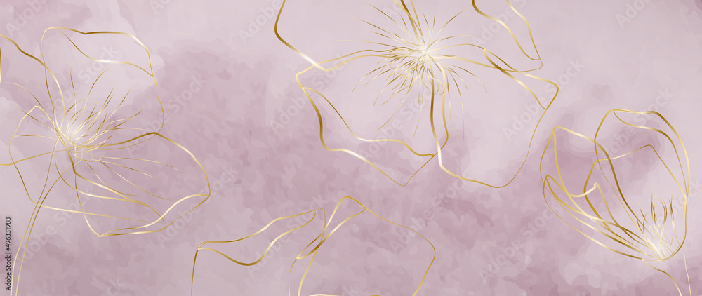 Abstract watercolor background in pink tones with golden flowers in line art style. Botanical art banner for decor, package design, print