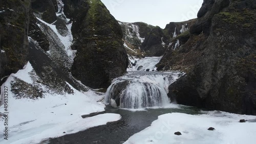 Aerial view of Stjornarfoss waterfall in wintertime in Iceland. photo