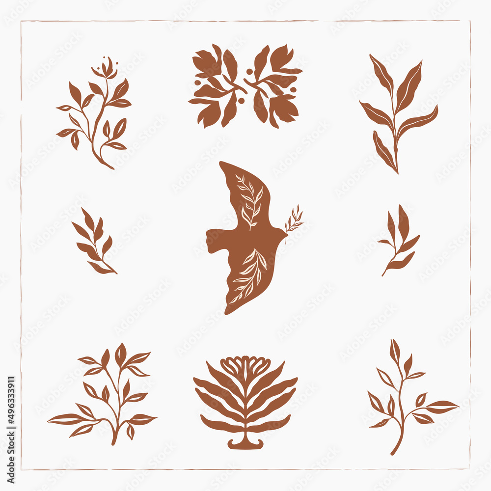 Set vector illustration in simple hand drawn and linocut style - natural print, poster or logo template - nature illustration - dove, flowers and freedom