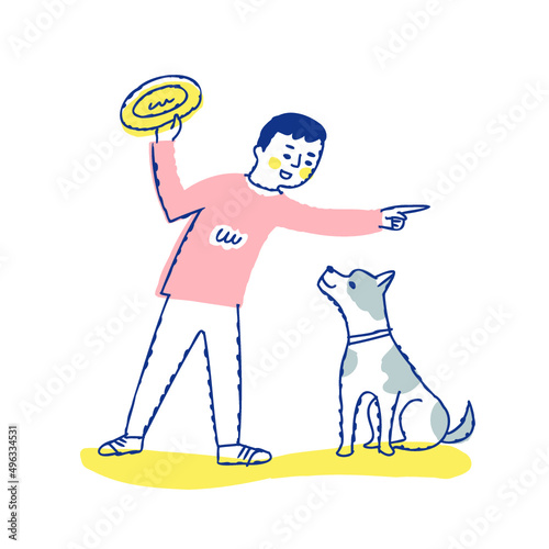 フリスビーで遊ぶ男性と犬