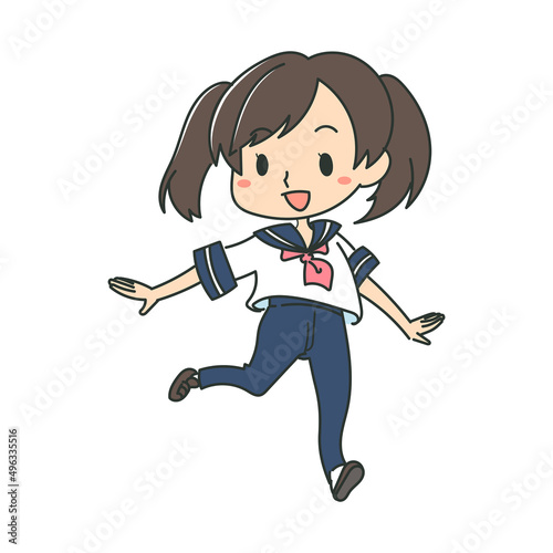 笑顔で走る女子高生のイラスト　セーラー服　ジェンダーレス制服　カラー