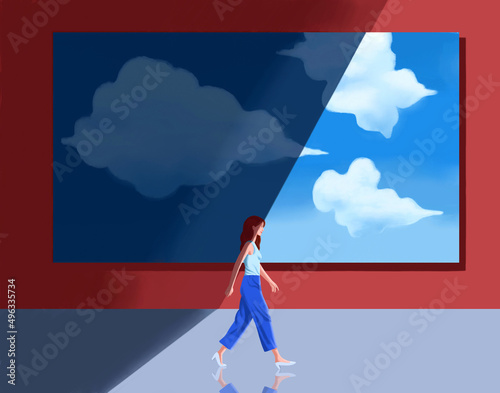 Young happy woman overcoming depression. Walking woman comes out of the shadow side of a museum wall with painting with sky and clouds. 