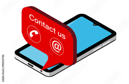 3d isometric smartphone vector illustration with chat bubble, contact us text. Mobile phone illustration to use in communication, business, marketing, connection, digital technology projects. 