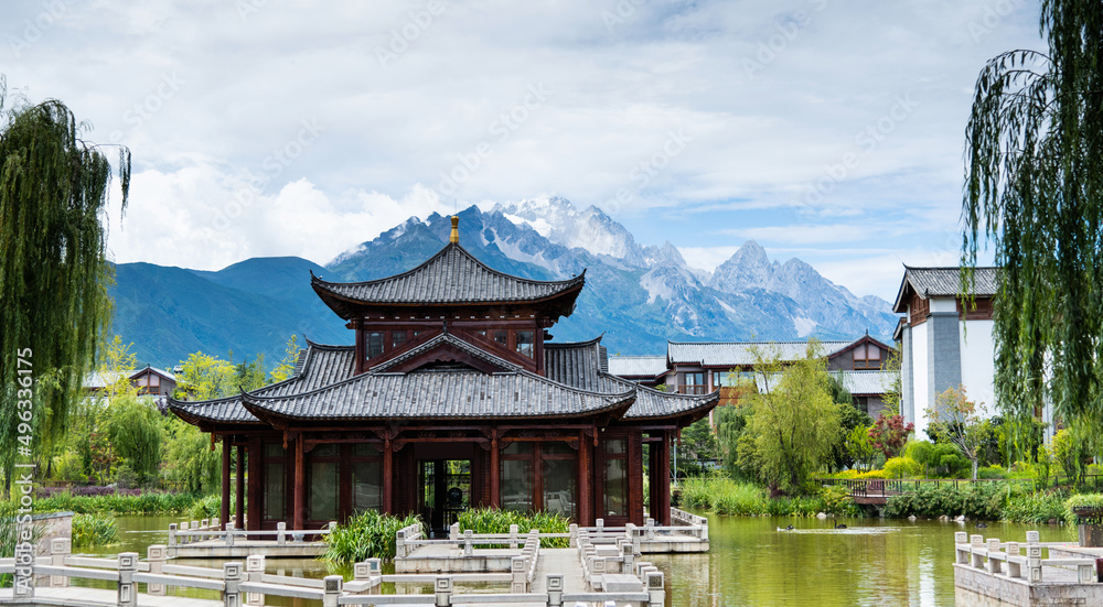 Chinese style pavilion with pond