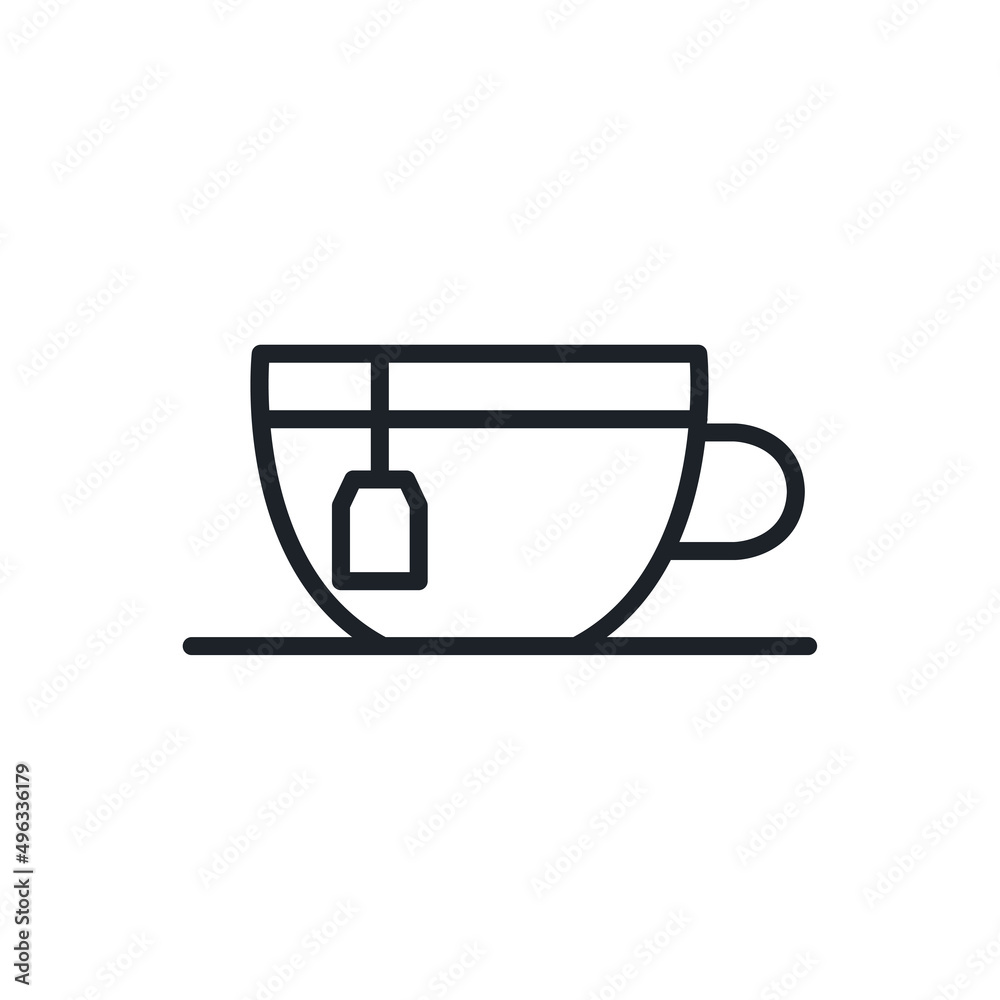 Tea cup icon with tea bag. Isolated vector line icons