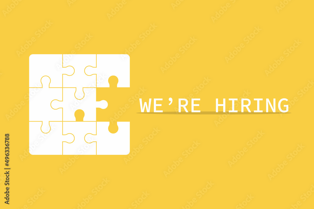 Concept is now hiring. White jigsaw puzzle with word and yellow