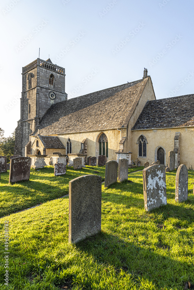 Evening light on the parish church of St. Mary the Virgin (dating back to the 14th century) in the Severnside village of Arlingham, Gloucestershire, England UK