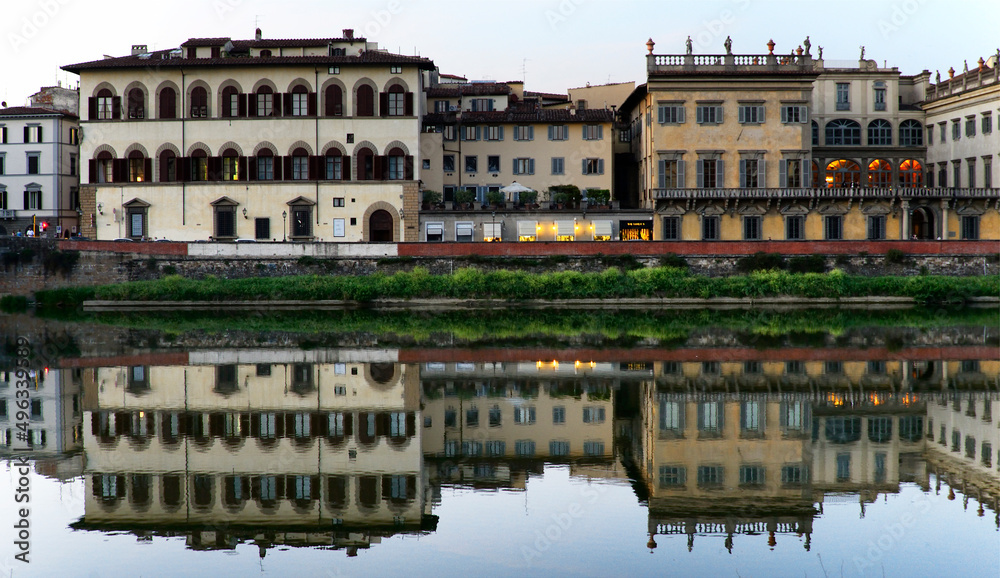 historic buildings of Palazzo Corsini along Arno river in the evening, Lungarno Corsini, Florence, Tuscany, Italy, Europe