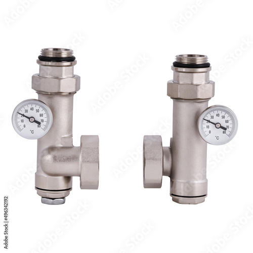 Sanitary ware. Equipment for heating system.  Instruments for measuring air pressure in pipes. Connecting elements. Bypass valve. Radiator tap. Manometer. High quality product material.

 photo