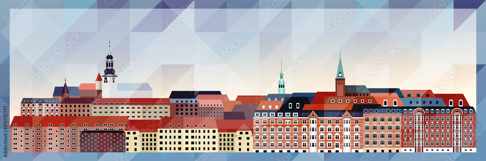 Aalborg skyline vector colorful poster on beautiful triangular texture background