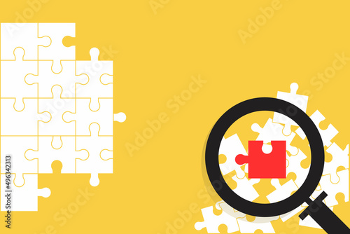 White jigsaw puzzle with magnifying glass over yellow background. Recruitment Concept. missing piece of puzzle. Job vacancy advertisement. Looking for employee, candidate. Eps10 illustration.
