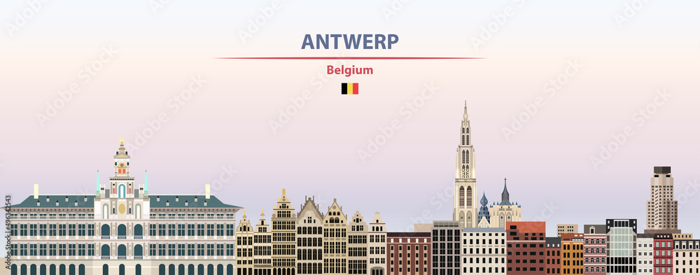 Antwerp cityscape on sunset sky background vector illustration with country and city name and with flag of Belgium