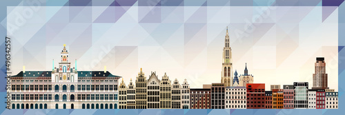 Antwerp skyline vector colorful poster on beautiful triangular texture background
