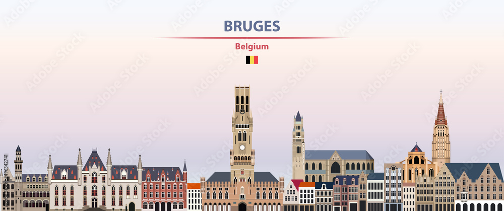 Fototapeta premium Bruges cityscape on sunset sky background vector illustration with country and city name and with flag of Belgium