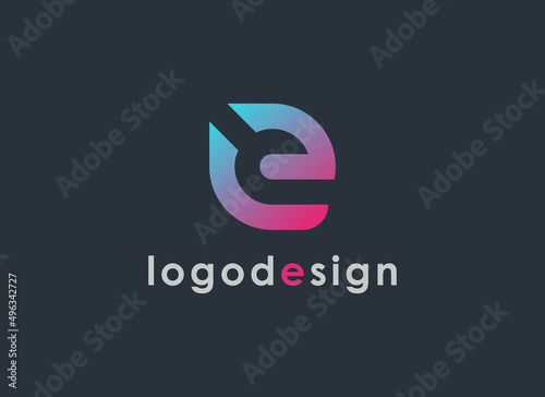 Initial Letter E Logo. Gradient Geometric Shapes Letter E with Letter C Negative Space isolated on Black Background. Usable for Business Logo and Branding. Flat Vector Logo Design Template Elements