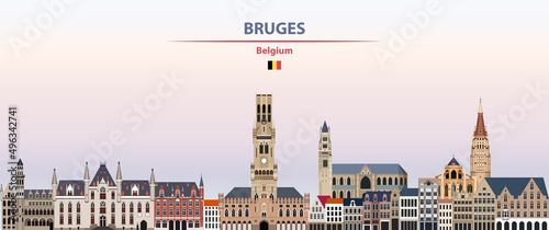 Bruges cityscape on sunset sky background vector illustration with country and city name and with flag of Belgium