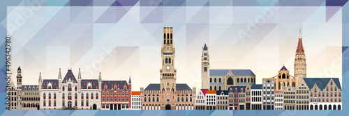 Bruges skyline vector colorful poster on beautiful triangular texture background photo