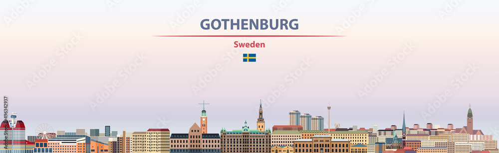 Gothenburg cityscape on sunset sky background vector illustration with country and city name and with flag of Sweden