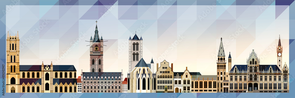 Ghent skyline vector colorful poster on beautiful triangular texture background