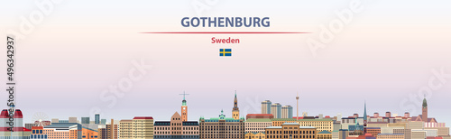 Gothenburg cityscape on sunset sky background vector illustration with country and city name and with flag of Sweden photo