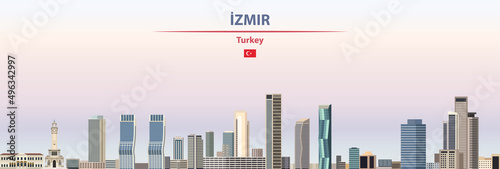 Izmir cityscape on sunset sky background vector illustration with country and city name and with flag of Turkey