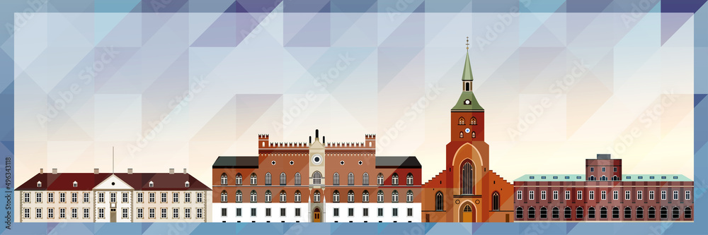 Odense skyline vector colorful poster on beautiful triangular texture background
