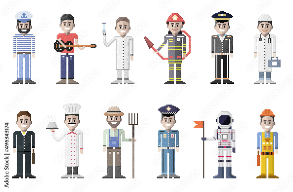 vector collection of pixel art personages of different professions vector collection of pixel art personages of different professions