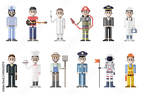 vector collection of pixel art personages of different professions