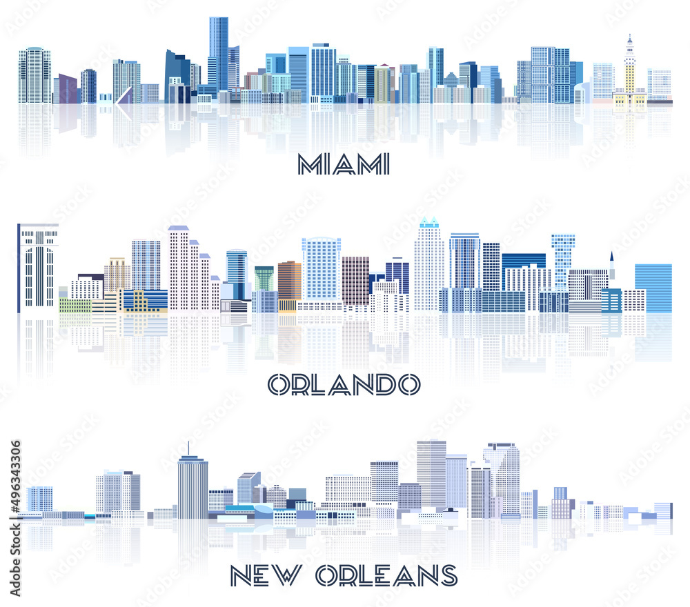 vector collection of United States cityscapes: Miami, Orlando, New Orleans skylines in tints of blue color palette. Crystal aesthetics style