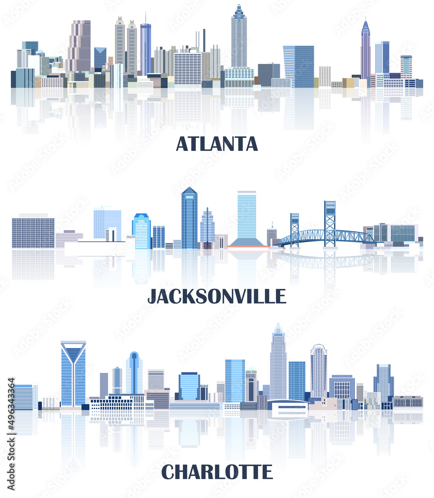 vector collection of United States cityscapes: Atlanta, Jacksonville, Charlotte skylines in tints of blue color palette. Crystal aesthetics style