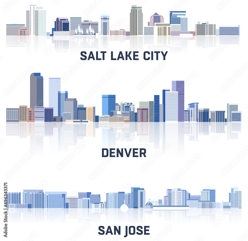 vector collection of United States cityscapes: Salt Lake City, Denver, San Jose skylines in tints of blue color palette. Crystal aesthetics style