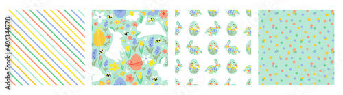 Floral easter rabbit pattern set. Floral easter bunny pattern collection. Diagonal striped lines, polka dot, easter eggs, spring flowers, rabbit bunny summer garden graphic design vector illustration.