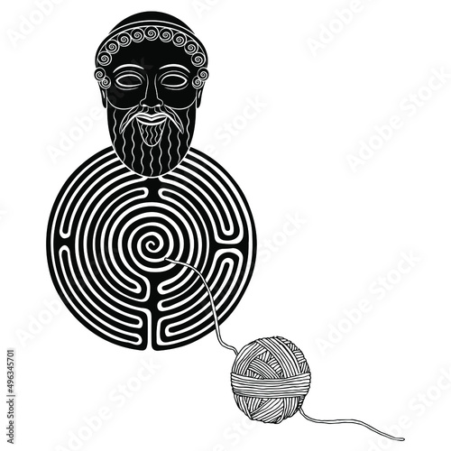 Round spiral maze or labyrinth symbol with head of a bearded ancient Greek god or man and a yarn ball. Creative concept. Ariadne's thread. Daedalus or Theseus. Black and white silhouette.