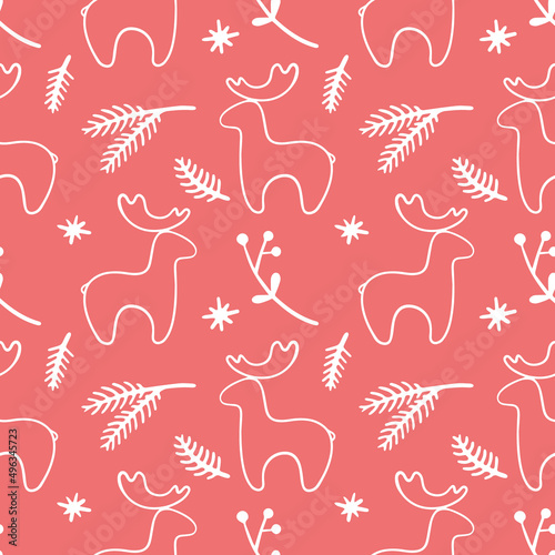 Seamless vector Christmas pattern  hand-drawn  fir branches  berries and deer