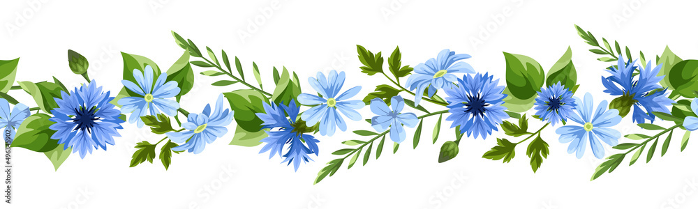 Horizontal seamless border with blue flowers and green leaves. Vector floral garland