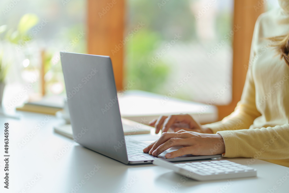 Businesswoman sitting using laptop computer with on the desk in the office. Businesswoman sitting using laptop computer with on the desk in the office.
