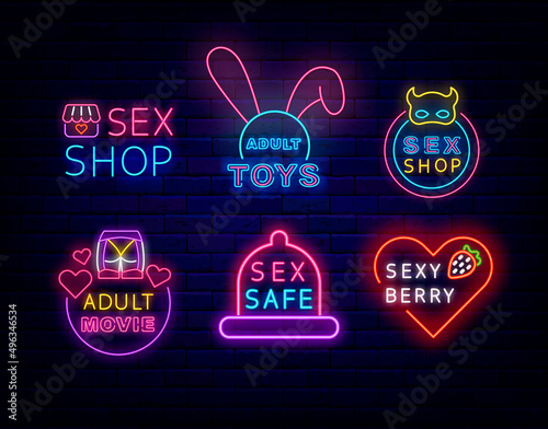 Sex shop neon sign collection. Sexy berry. Sex safe. Adult movie. Night bright signboard set. Vector stock illustration