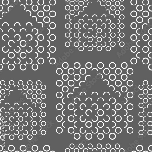 Vector illustration. Geometric seamless pattern. Contour circle, semicircle and quarter circle in the shape of a house. Spotted black and white background. Simple abstract background with polka dots.