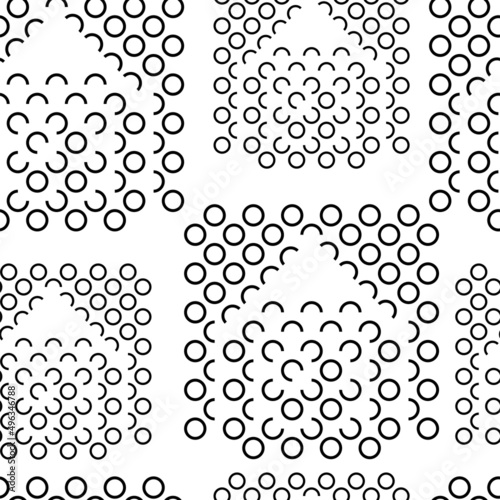 Vector illustration. Geometric seamless pattern. Contour circle, semicircle and quarter circle in the shape of a house. Spotted black and white background. Simple abstract background with polka dots.